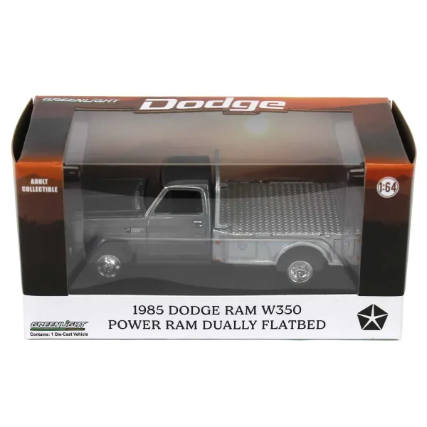Manufacturer_Greenlight Collectibles Lowboys & Flatbeds | Pickup Trucks<Raw Chase Unit ~ 1/64 1985 Dodge Ram W350 Dually Flatbed Pickup Truck, Black with Silver Flatbed, Diecast Direct Exclusive