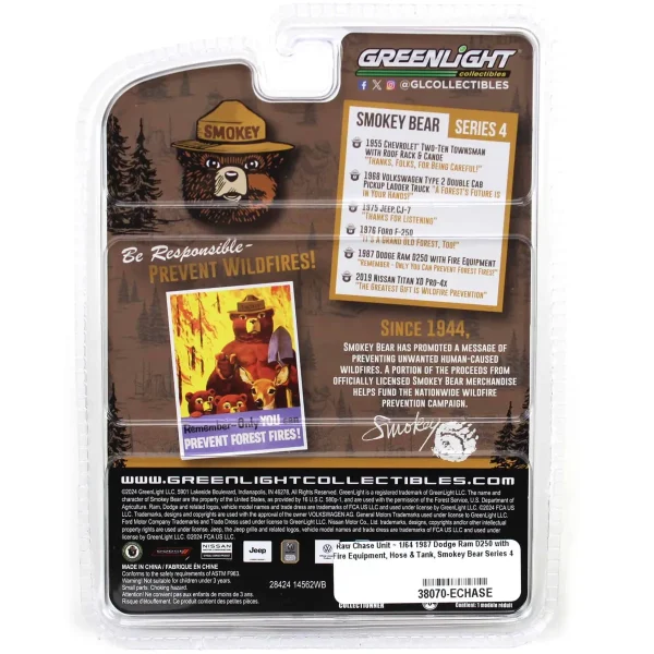 Manufacturer_Greenlight Collectibles Cars & Suvs | Pickup Trucks<Raw Chase Unit ~ 1/64 1987 Dodge Ram D250 with Fire Equipment, Hose & Tank, Smokey Bear Series 4