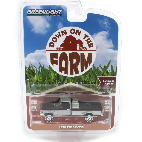 Manufacturer_Greenlight Collectibles Pickup Trucks<Raw Chase Unit ~ 1/64 1990 Ford F-250 with Tool Box, Raven Black & Medium Silver Metallic Combination Two-Tone, Down on the Farm Series 10