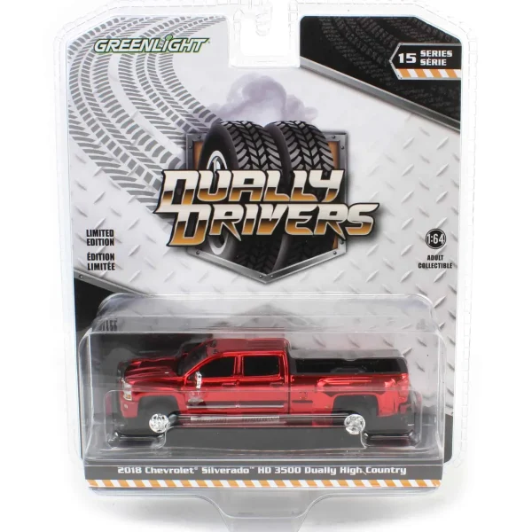 Manufacturer_Greenlight Collectibles Cars & Suvs | Pickup Trucks<Red Chrome Super Chase ~ 1/64 2018 Chevrolet Silverado 3500 HD Dually High Country, Cajun Red Metallic, Dually Drivers Series 15
