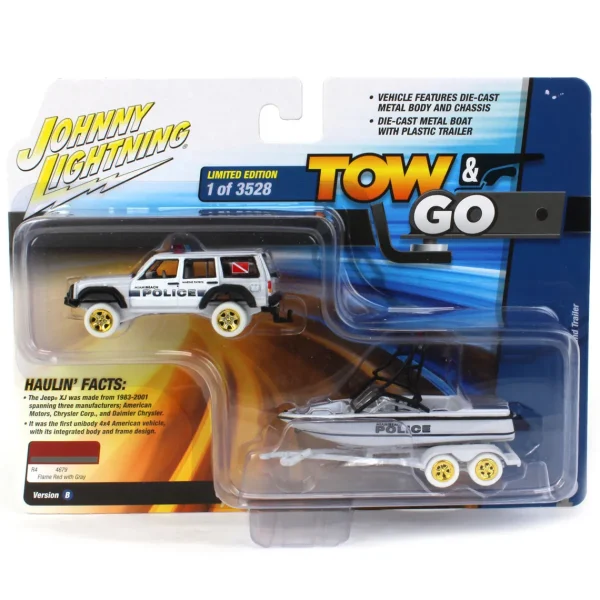 Manufacturer_Johnny Lightning Cars & Suvs | Emergency Vehicles<White Lightning ~ 1/64 Johnny Lightning 1988 Jeep Cherokee with Mastercraft Boat & Light Bar